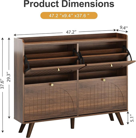 Decofy 47.2” Shoe Cabinet with 4 flip-Down Drawers, Three Adjustable Levels, freestanding Wooden Shoe Rack, Suitable for entryway, Hallway, and Living Room (Walnut)