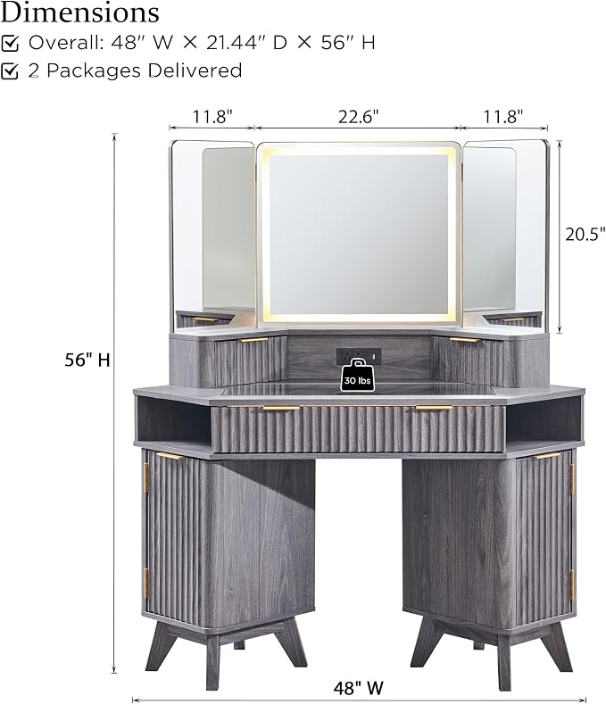 T4TREAM Fluted Makeup Vanity Desk with 3 Way Mirror and Lights, 48" Large Corner Vanity Table with Glass Top, Charging Station, 3 Drawers, Storage Cabinets & Shelves, for Bedroom, Dark Alder