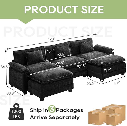 Oprisen 120" Modular Sectional Sofa, Comfy Cloud Couch Sectional Sofa with Ottoman, Chenille Sofa Sleeper Deep Seat Sofa with Throw Pillows for Living Room (Black, 120"- U Shape)