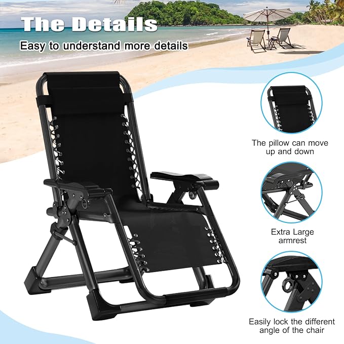 Zero Gravity Chair, Lawn Recliner, Reclining Patio Lounger Chair, Folding Portable Chaise with Detachable Soft Cushion, Cup Holder, Headrest