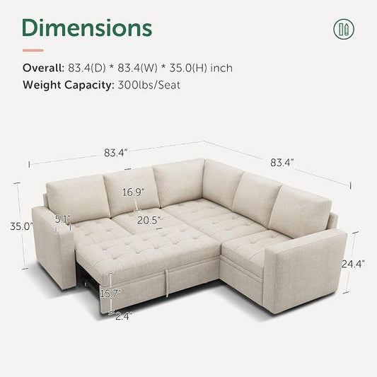 HONBAY Modular Sectional Sleeper Sofa with Pull Out Bed L Shaped Couch with Storage Seat Sectional Couches for Living Room,Beige
