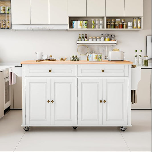 67 Kitchen Island Cart with Drop Leaf Breakfast Bar, Rolling Mobile Kitchen Island Table on Wheels with Storage Cabinet, Drawer, Spice/Towel Rack, White