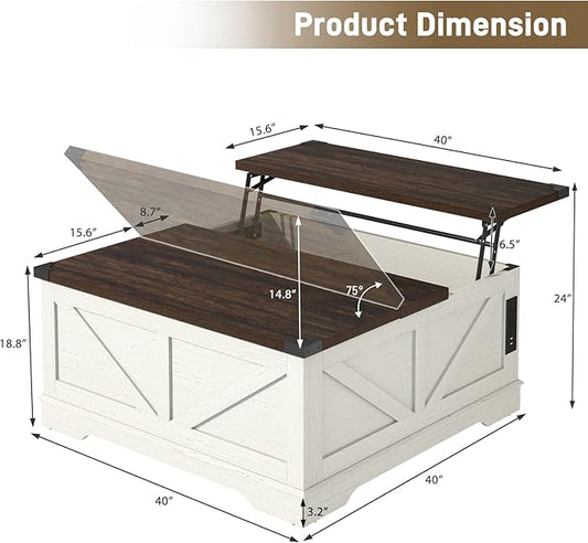 Hlivelood 40” Large Farmhouse Lift Top Coffee Table with Power Outlets and Large Hidden Storage, Square Wood Living Room Tables, Multi-Function Lift Wooden Barn Door Center Table, Rustic White