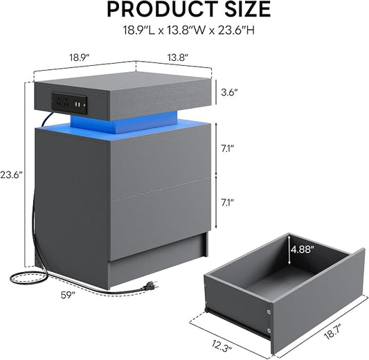 LIKIMIO Nightstand with Charging Station LED Light and 2 Drawers Grey | charging station; LED light; 2 smooth glide drawers; 13.8 D x 18.9 W x 23.6 H in; Grey wood grain
