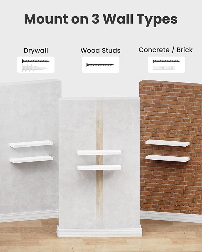 AMADA HOMEFURNISHING Floating Shelves Wall Mounted, 15 x 7 Inch Wall Shelves for Bathroom, Bedroom, Living Room, White Shelves Set of 2