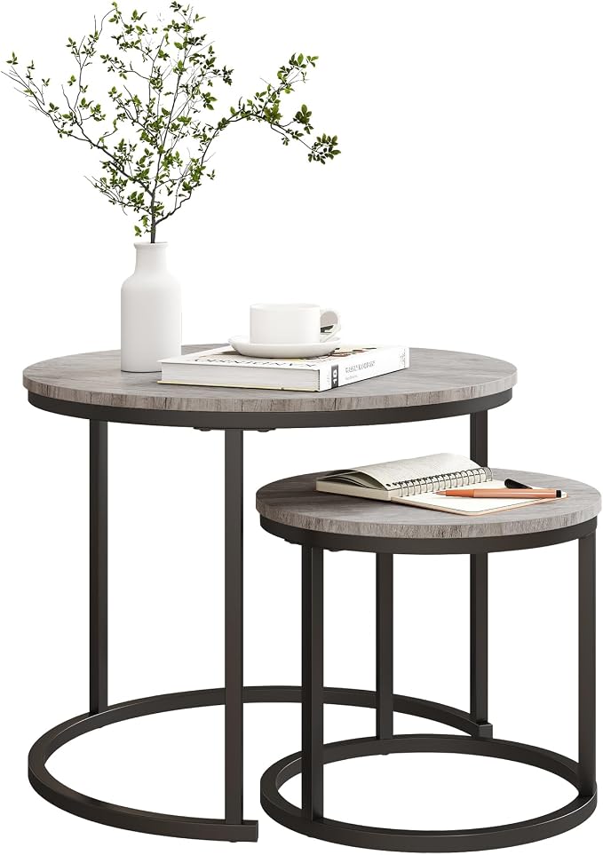 HOJINLINERO Round Coffee Table,Nesting Coffee Table Set of 2,Center Tables for Living Room,Office, Home Small Space,Stacking Side Tables,Sturdy and Easy Assembly,Wood Desktop,Black+Grey,Small