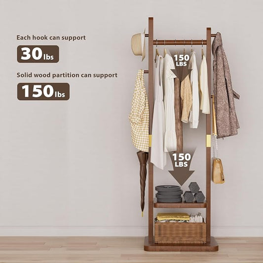 Taitiy Solid Wood Coat Rack, Freestanding Clothing Rack with 2 Shelves Storage & 5 Hooks, Heavy Duty Clothes Rack Stand for Hall, Bedroom, Living Room