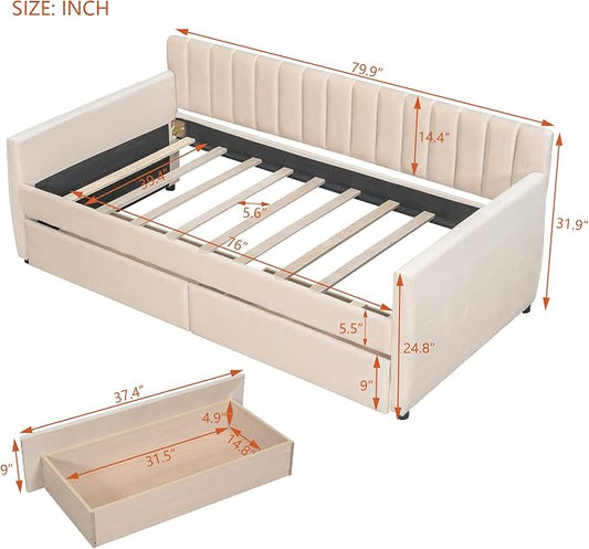 Merax Upholstered Daybed with 2 Drawers, Twin Size Bed Frame with Storage and Wood Slat Support, Beige