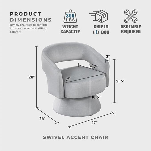 Lexicon 360 Degree Swivel Accent Chair, Modern Comfy Velvet Round Barrel Chair, Open Back, Plush Foam Cushions, Metal Swivel Base for Living Room/Bedroom/Office/Small Spaces, Gray