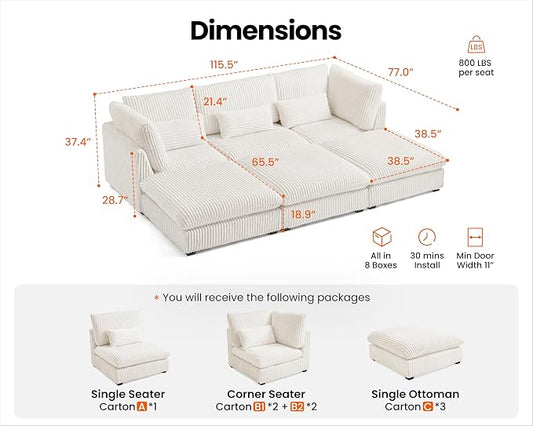 115" Oversized Corduroy Couch Modular Sectional Sofa, Washable Cloud Couch Sectional with 3 Ottoman, 6 Seater Sectional Couches for Living Room, Fully Cover Removable, Sleeper Sofa, Corduroy, White
