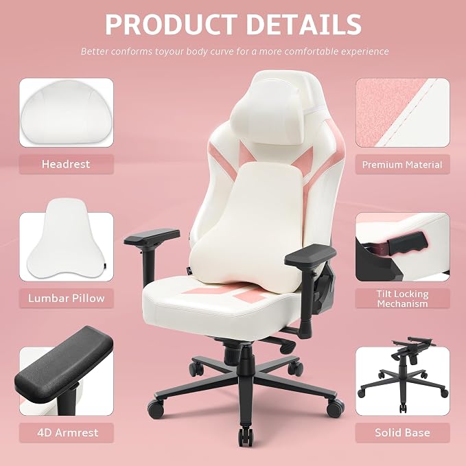 Ergonomic Gaming Chair, Computer Desk Chairs, 4D Armrests, High Back Office Chair with Headrest & Lumbar Pillow, Tilt Rocker Recliner, Heavy-Duty Base, White PU Leather & Pink Suede Comb
