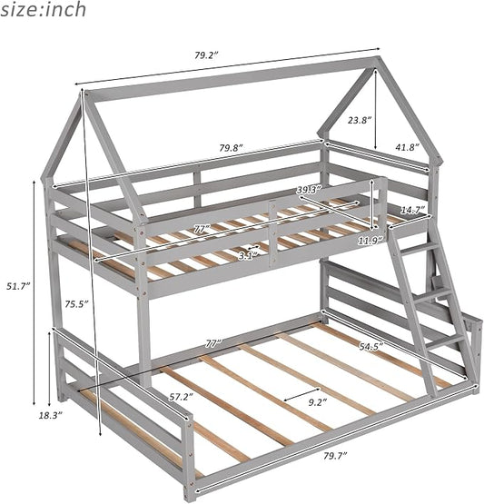Merax House Floor Bunk Bed with Ladder Twin Over Full,Wood Low Bunk Bed for Kids Juniors, Space-Saving,No Box Spring Needed Gray