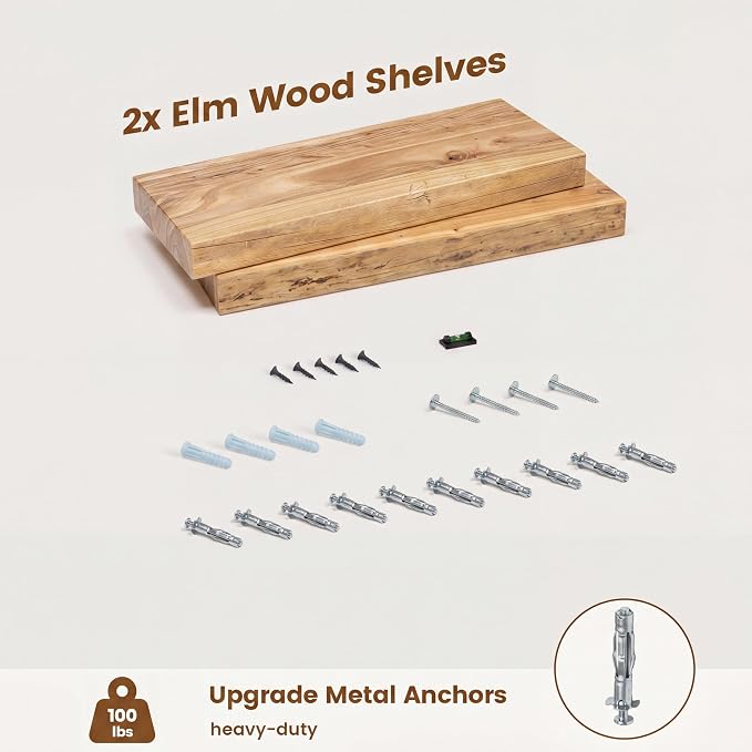 Venusmiles Elm Floating Shelves for Wall Decor, Rustic Solid Wood Shevles Wall Mounted with Invisible Bracket for Living Room Bathroom Bedroom Kitchen, 16 Inch Set of 2, Natural
