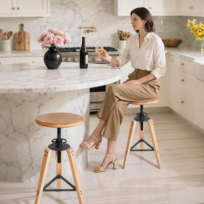 2-Piece Adjustable Height Swivel Bar Stool - Industrial Rustic Style, Solid Oak Wood Seat and Frame, 24.8"-28.7", Natural Finish, Anti-Slip Pads - Perfect for Kitchen, Bar, Counter, Home - Heavy Duty