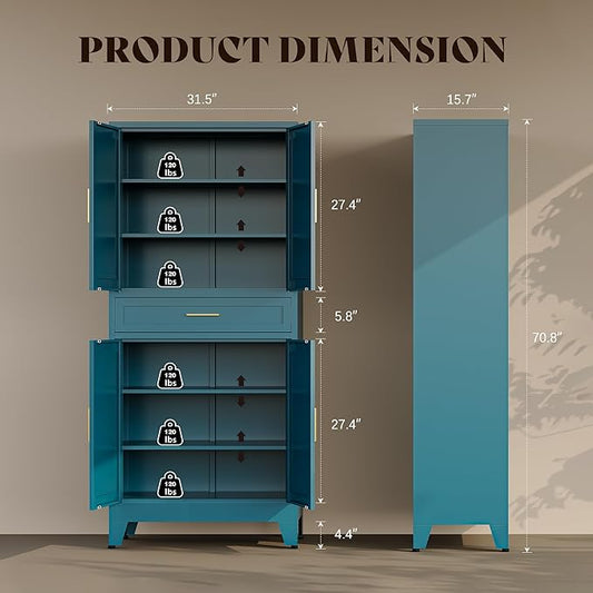 71"H Metal Kitchen Pantry Cabinet with Drawers,Blue Kitchen Storage Cabinets with Doors,Farmhouse Pantry Food Storage Cabinets,Tall Pantry Cabinets,Large Freestanding Cabinets for Dining Room