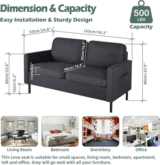 STHOUYN 56" W Fabric Loveseat Sofa with 2 USB, Small Couches for Living Room, Bedroom, Office, Easy Assembly & Comfy Cushion, Dark Grey