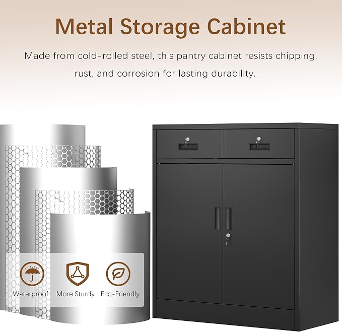 Locking Storage Cabinet, 36" H Metal Storage Cabinet, Metal Garage Storage Cabinet for Home, School, Office, Garage, Black