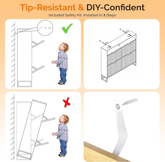 VINGLI Fluted Shoe Cabinet for Entryway, Narrow Hidden Shoe Storage Organizer with 4 Flip Drawers & 16-Color LED Lights, Mid Century Modern Slim Freestanding Shoe Rack with Cubby, Natural Oak