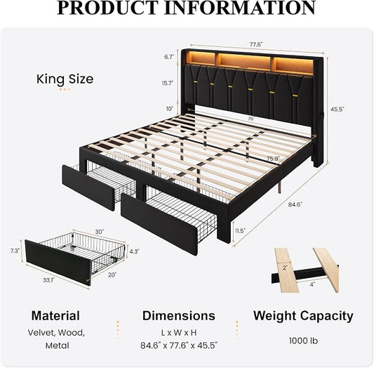 SHA CERLIN Velvet King Platform Bed Frame with 2 Storage Drawers, LED Storage Headboard with Charging Station, Wingback Upholstered, Noise Free, No Box Spring Needed, Easy Assembly, Black