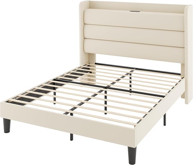 Allewie Queen Size Upholstered Bed Frame with Charging Station & Storage Headboard, Soft Velvet Wingback Platform Bed, Strong Wooden Slats Support, No Box Spring Needed, Easy Assembly, Cream