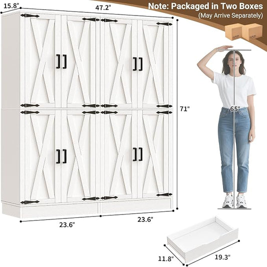 Unikito 71" Tall Kitchen Pantry Cabinet with Farmhouse Barn Doors and Storage Drawer, 8 Adjustable Shelves, Freestanding Cupboard for Dining Room, Living Room, Utility Room, White, 2 Pack