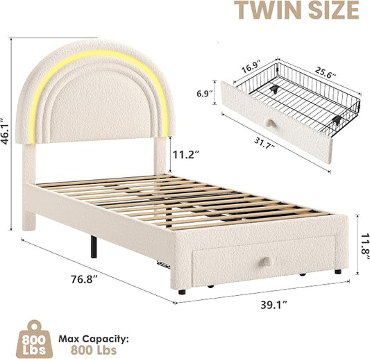 GarveeHome Twin Upholstered LED Bed Frame - with Storage Drawer and Rainbow Headboard, Berber Fleece Princess Platform Bed for Kids, Solid Wood Slat Support, No Box Spring Needed, Easy Assembly, Beige