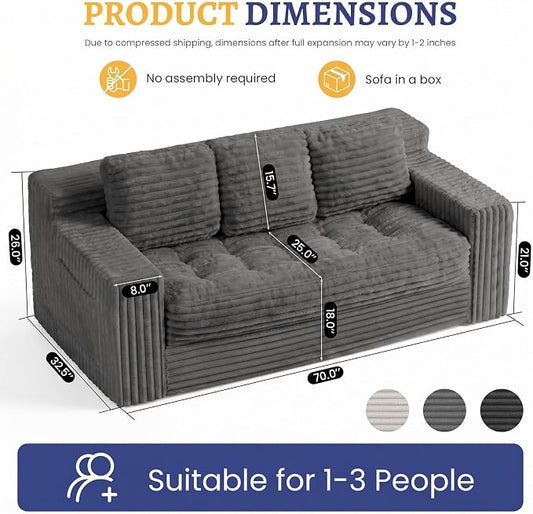 Boneless Couch, Cloud Loveseat Sofa Corduroy Couch in a Box, Upholstered Boneless 3 Seater Couch for Living Room Bedroom Office Apartment, No Assembly Required, Grey