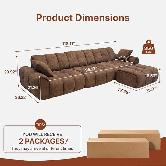Claiks 118" Modern Boneless Couch, Corduroy Modular Cloud Sofa for Living Room, Deep Seat Sectional with Movable Ottoman, No Assembly Required, Brwon