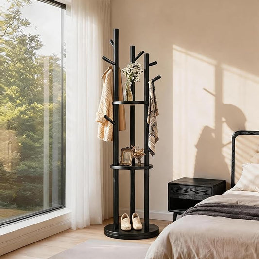 Solid Wood Rotary Coat Rack, Coat Rack Freestanding with 3 Storage Shelves & 9 hooks, Coat Tree for Entryway, Livingroom, Bedroom, Coat Hanger Stand for Coats, Scarves, Handbags, Hat (Black)