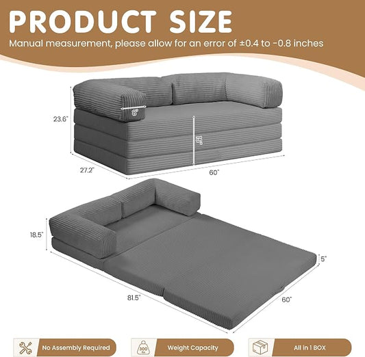 Convertible Sofa Bed,5-in-1 Tri-Fold Boneless Couch with Removable Armrests & Handle,Corduroy Futon Sleeper Sofa,Floor Folding Mattress Pull Out Bed for Small Space Apartment Living Room Bedroom