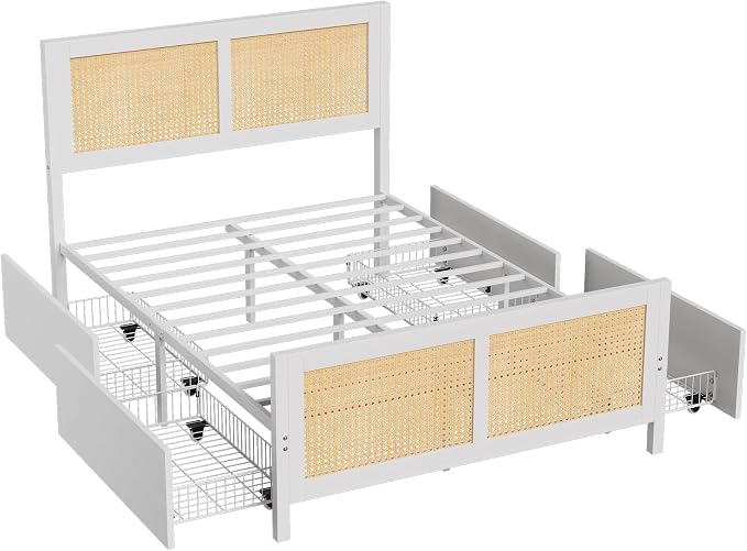 GarveeHome White Rattan Bed Frame with Headboard, Boho Cane Platform Full Size Bed Frame with 4 Drawers, Strong Metal Slats Support, Noise Free, No Box Spring Needed