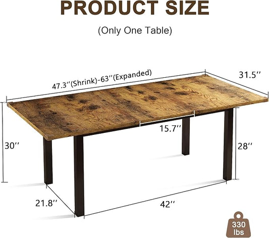 Einhomn Extendable Dining Table for 4-6, 63" Modern Kitchen Table, Farmhouse Dining Room Tables for Dining, Kitchen, Office, Living Room, Rectangular Wooden Tables, Space Saving (Rustic Brown)
