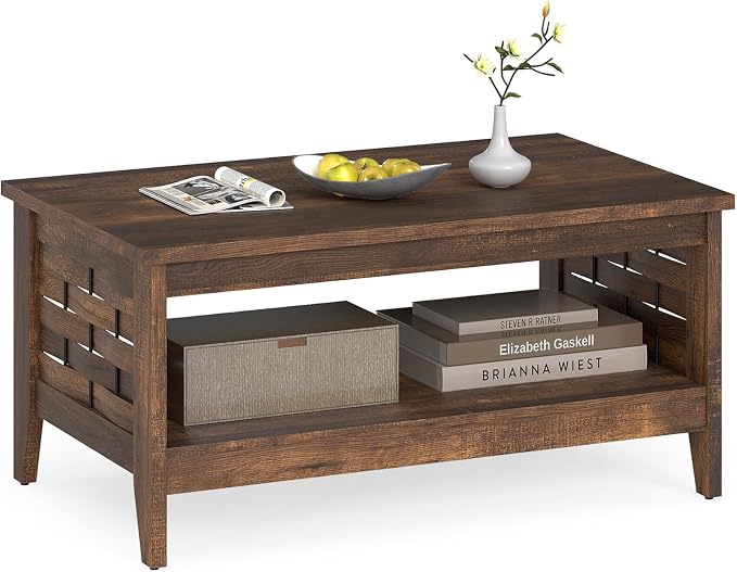 Giantex Farmhouse Coffee Table, 2-Tier Center Table with Storage Open Shelf & Woven Slatted Design, 39.5" Rectangular Accent Cocktail Table, Wood Coffee Tables for Living Room (Rustic Brown)