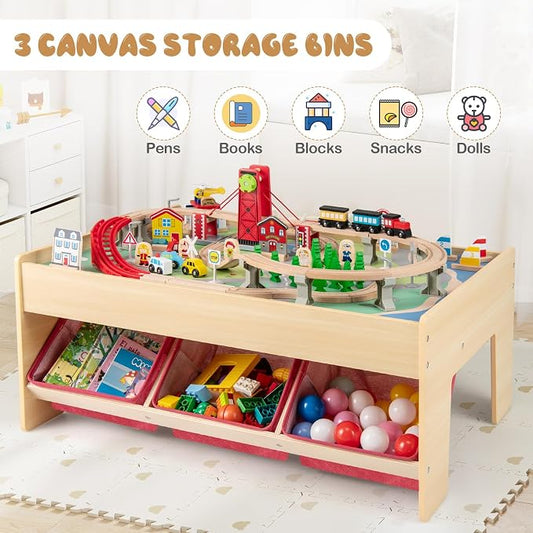 Costzon Train Table, 3-in-1 Wooden Activity Table W/ 3 Storage Bins, Reversible 94 PCS Track Train Toys & Table Map for Building, Playing, Studying, Eating, Kids Train Set Table for Boys Girls Aged 3+