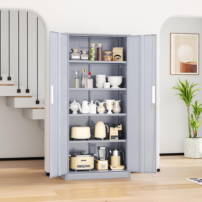 INTERGREAT Metal Storage Cabinet, 72” H Storage Cabinet with Doors and Adjustable Shelves for Office, Home, Garage, Pantry (Assembly Required, Cement Grey)