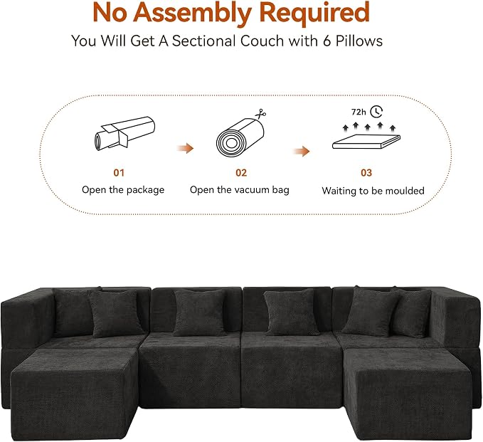 MONVANE 130'' Modular Sectional Cloud Couch for Living Room, 6 Seater Convertible Chenille Couches Set with Ottoman & Pillow, No Assembly Compression Sofas, Comfy Floor Sofa with Memory Foam, Black