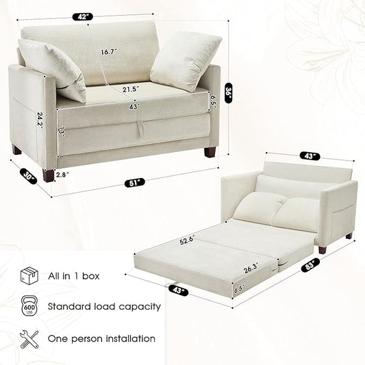 Myroyalsit 51" Convertible Sofa Bed, 2 in1 Folding Sofa Bed, Loveseat Sleeper Sofa for Small Spaces, Fold Out Floor Couch with 2 Pillows for Apartment, Living Room & Guest Room, Beige Chenille Fabric