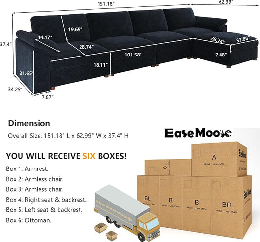 EASE MOOSE Oversized Sectional Modular Sofa,Large L Sectional Couch Wide Deep Seat Modular Cloud Couch,Blue