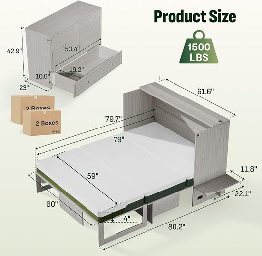 Softa Queen Murphy Bed Cabinet with 6" Tri-Fold Mattress, Storage Drawer & Charging Station, 1200 Lb Heavy Duty Wood Wall Bed with Fold-Down Desk for Guest Room & Home Office, No Box Spring Needed