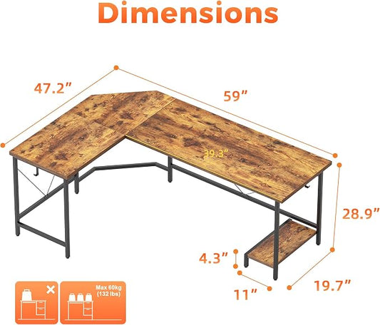 Mericonia 59 inch Large L Shaped Desk, Simple Corner Gaming Desk with CPU Stand & Hooks, Computer Desk for Home, Bedroom & Office Workspace, Rustic Brown