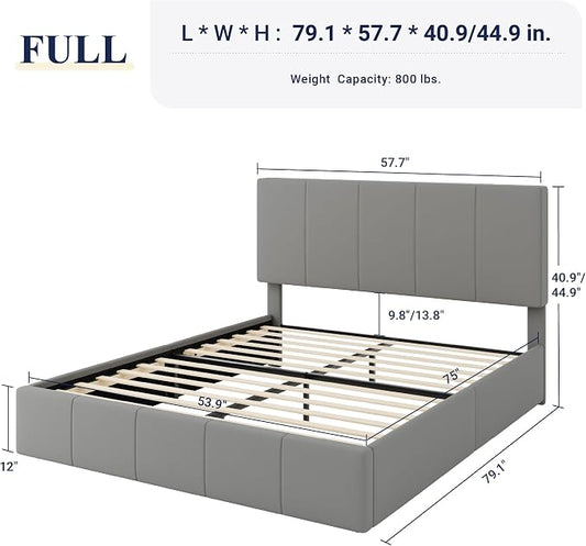 Allewie Full Size Dutch Velvet Upholstered Platform Bed Frame/Vertical Channel Tufted Adjustable Headboard/Low Profile Bed Frame/No Box Spring Needed/Easy Assembly/Grey
