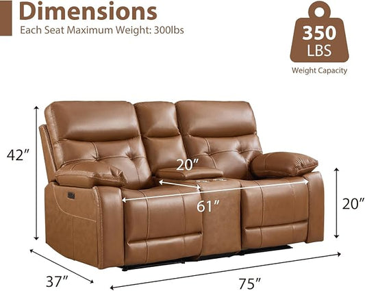 CANMOV Genuine Leather Power Recliner Loveseat, 2 Seat Loveseat Reclining Sofa with Storage Console,Hidden Cup Holders,Modern Electric Recliner Couch Set for Living Room, Bedroom,Brown