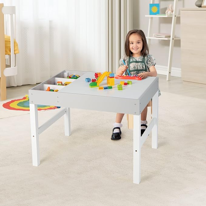 HONEY JOY Kids Table, 3 in 1 Toddler Wooden Activity Table, Convertible Building Block Tabletop, 3 Storage Compartments, Children Furniture Set for Daycare, Playroom (White)