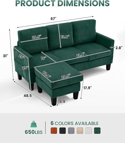 Karl home 67" Small Sectional Couch L Shaped Sofa, Green | Movable Storage Ottoman, Corduroy Upholstered, Sofa Chaise, Side Pockets 5.9" Sofa Legs for Living Room, Apartment, Studio