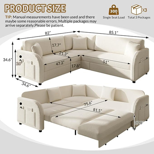 85.1" L-Shaped Pull Out Sofa Bed – Oversize Convertible Sleeper Couch with USB Ports & Side Storage, Teddy Upholstered Sectional for Living Room & Bedroom, Beige White