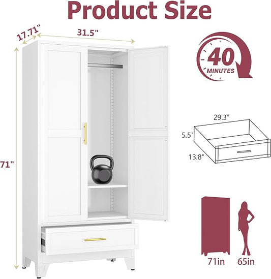 GAIOUS Metal Armoire Wardrobe Closet Cabinet with 2 Doors and Drawer, 71" | Household Wardrobe Cabinet with Hanging Rod, Clothing Storage Cabinet with Adjustable Shelf for Bedroom Cloak Room Gym White