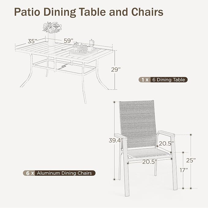 PHI VILLA 7 PCS Patio Dining Set, Metal Outdoor Furniture with 59"x35.4" Dining Table & 6 Stackable Aluminum Textilene Chairs, Patio Table and Chairs for Deck Garden Poolside, Blue