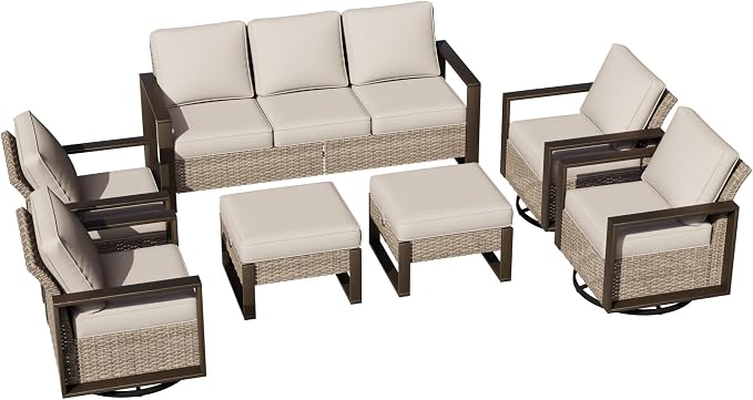 Outdoor Patio Swivel Rocker Chairs, 7 Pieces Wicker Furniture Set, 4 Swivel Rocking Chairs, 1 Sofa and 2 Ottoman, Metal Wide Armrest, Thick Cushions and Deep Seating for Garden, Backyard, Porch, Deck