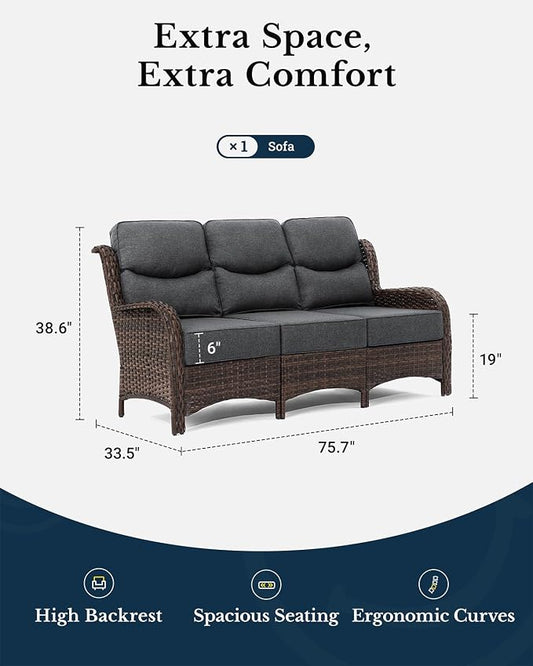 HILLGA Luxury Outdoor Furniture High Back Patio Sofa, Oversized 3-Seater Couch with 6'' Thick Cushions, Ideal for Porch, Poolside, Deck, and Yard (Dark Gray)