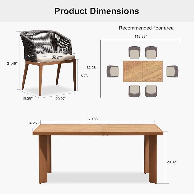 PURPLE LEAF 7 Pieces Outdoor Dining Set Patio Furniture Set Aluminum Wicker Rattan Patio Table and Chairs for Lawn Garden Porch Brown